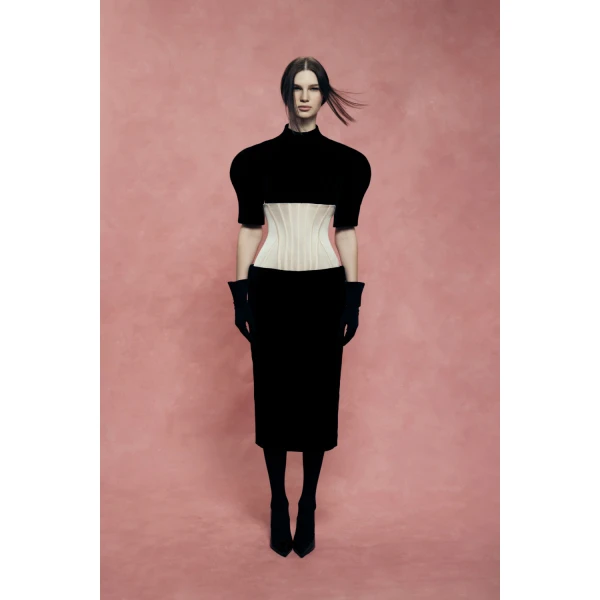 Rasario Velvet Midi Dress with Contrast Corset in Black and Beige, view 4