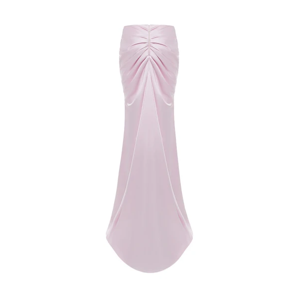 Rasario Draped Satin Maxi Skirt with a Train in Light Pink, view 2
