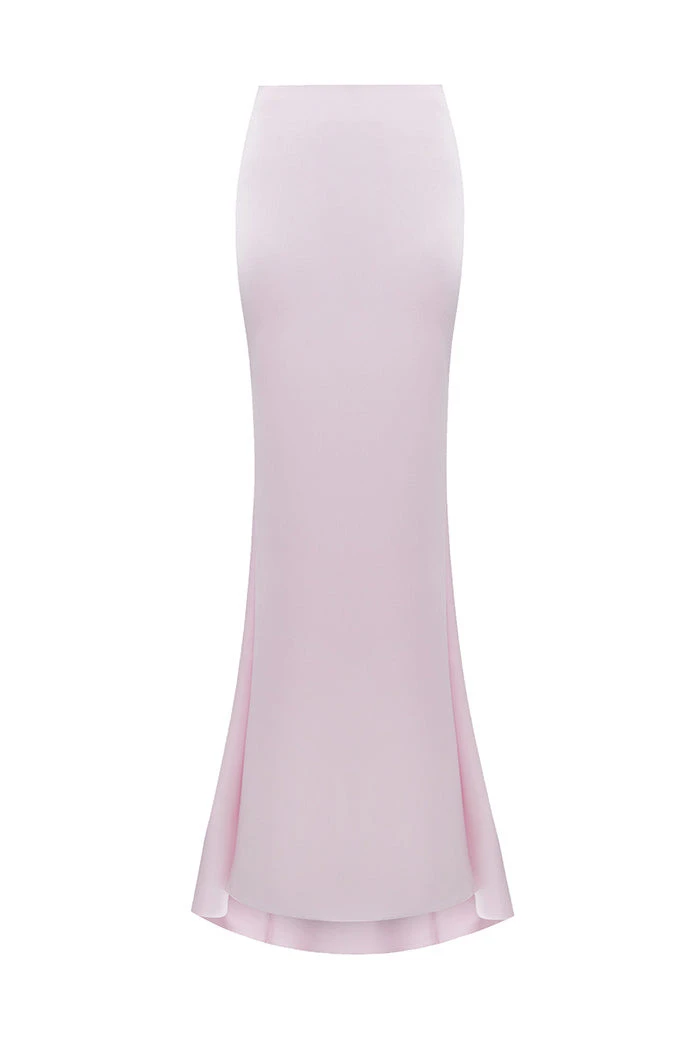 Draped Satin Maxi Skirt with a Train in Light Pink