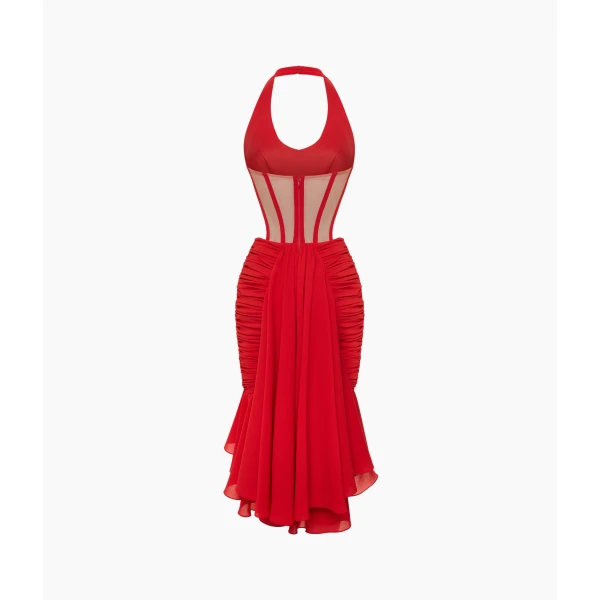 Rasario Corset Midi Halter Dress in Red, view 2