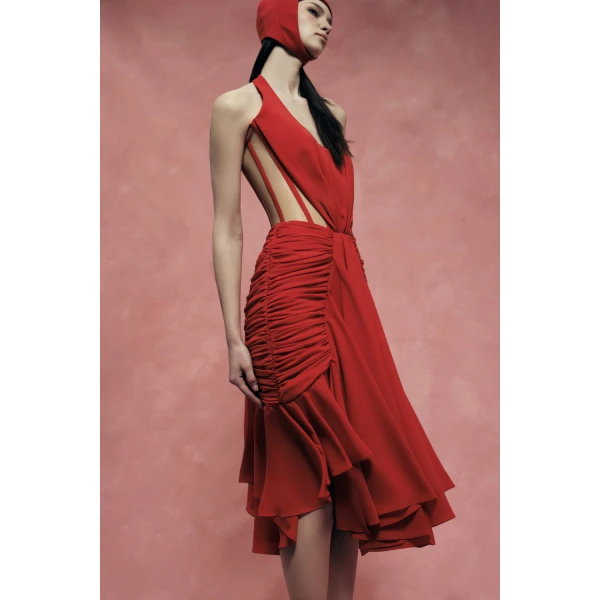 Rasario Corset Midi Halter Dress in Red, view 5