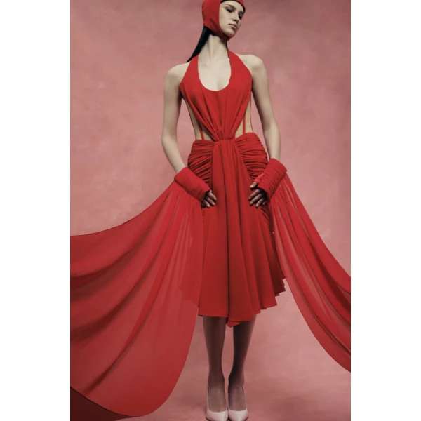 Rasario Corset Midi Halter Dress in Red, view 6