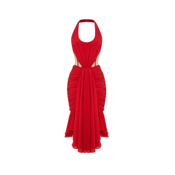 Corset Midi Halter Dress in Red