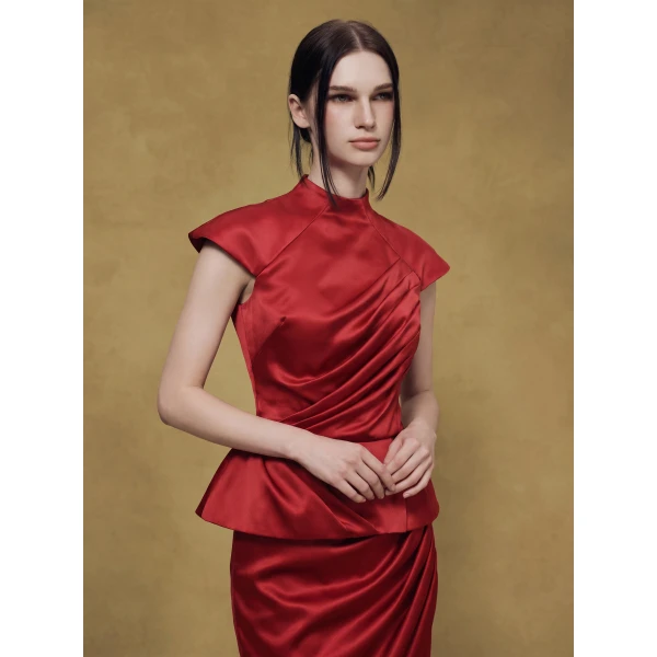 Rasario Crepe Satin Draped Top in Red, view 3