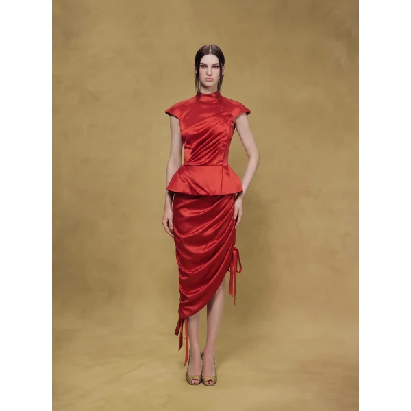 Rasario Crepe Satin Draped Top in Red, view 4