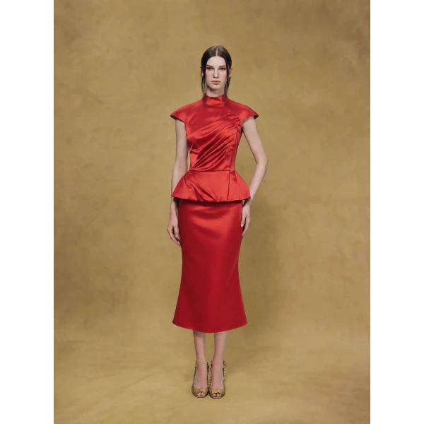 Rasario Crepe Satin Midi Skirt in Red, view 3