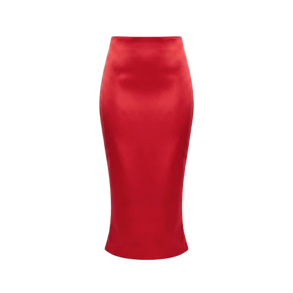 Crepe Satin Midi Skirt in Red
