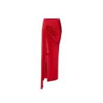 Rasario Draped Satin Maxi Skirt with a Side Train in Red