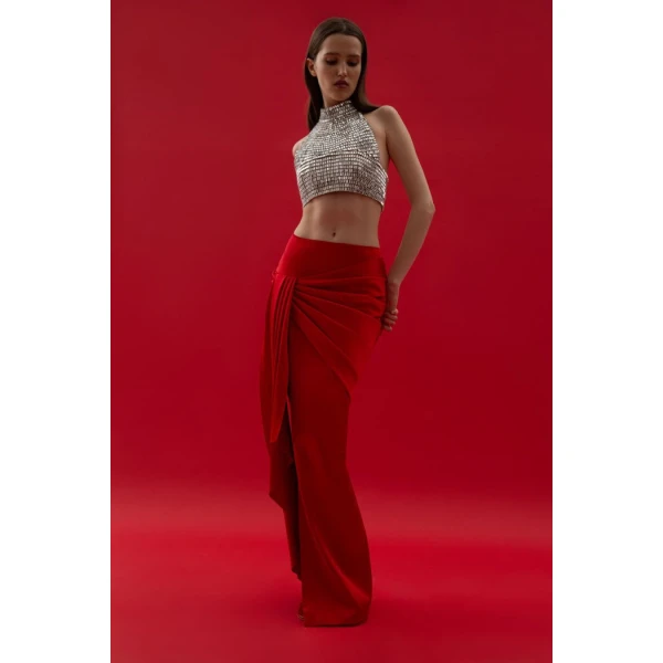 Rasario Draped Satin Maxi Skirt with a Side Train in Red, view 3