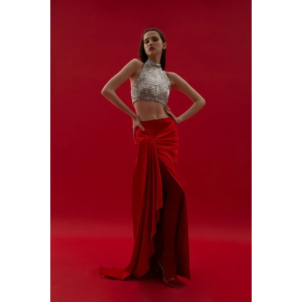 Rasario Draped Satin Maxi Skirt with a Side Train in Red, view 4