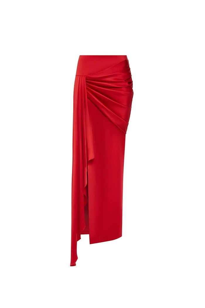 Draped Satin Maxi Skirt with a Side Train in Red