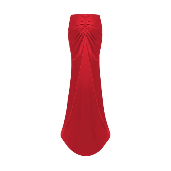 Rasario Draped Satin Maxi Skirt with a Train in Red, view 2