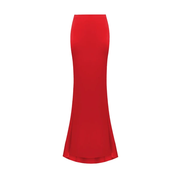 Draped Satin Maxi Skirt with a Train in Red