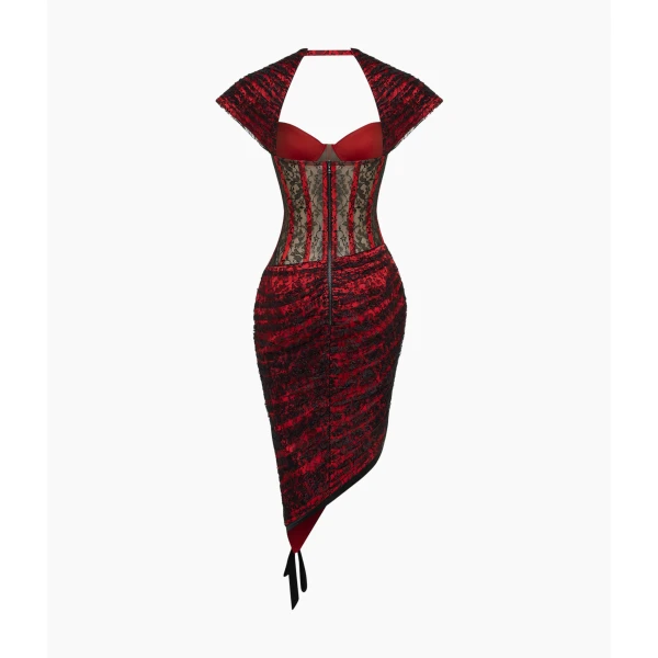 Rasario Lace Corset Midi Dress with Draped Skirt in Red, view 2