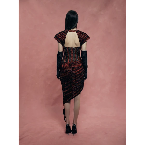 Rasario Lace Corset Midi Dress with Draped Skirt in Red, view 5