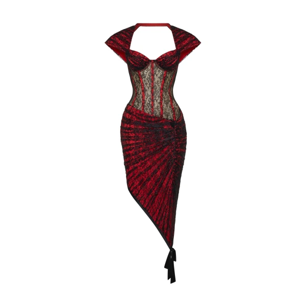 Rasario Lace Corset Midi Dress with Draped Skirt in Red