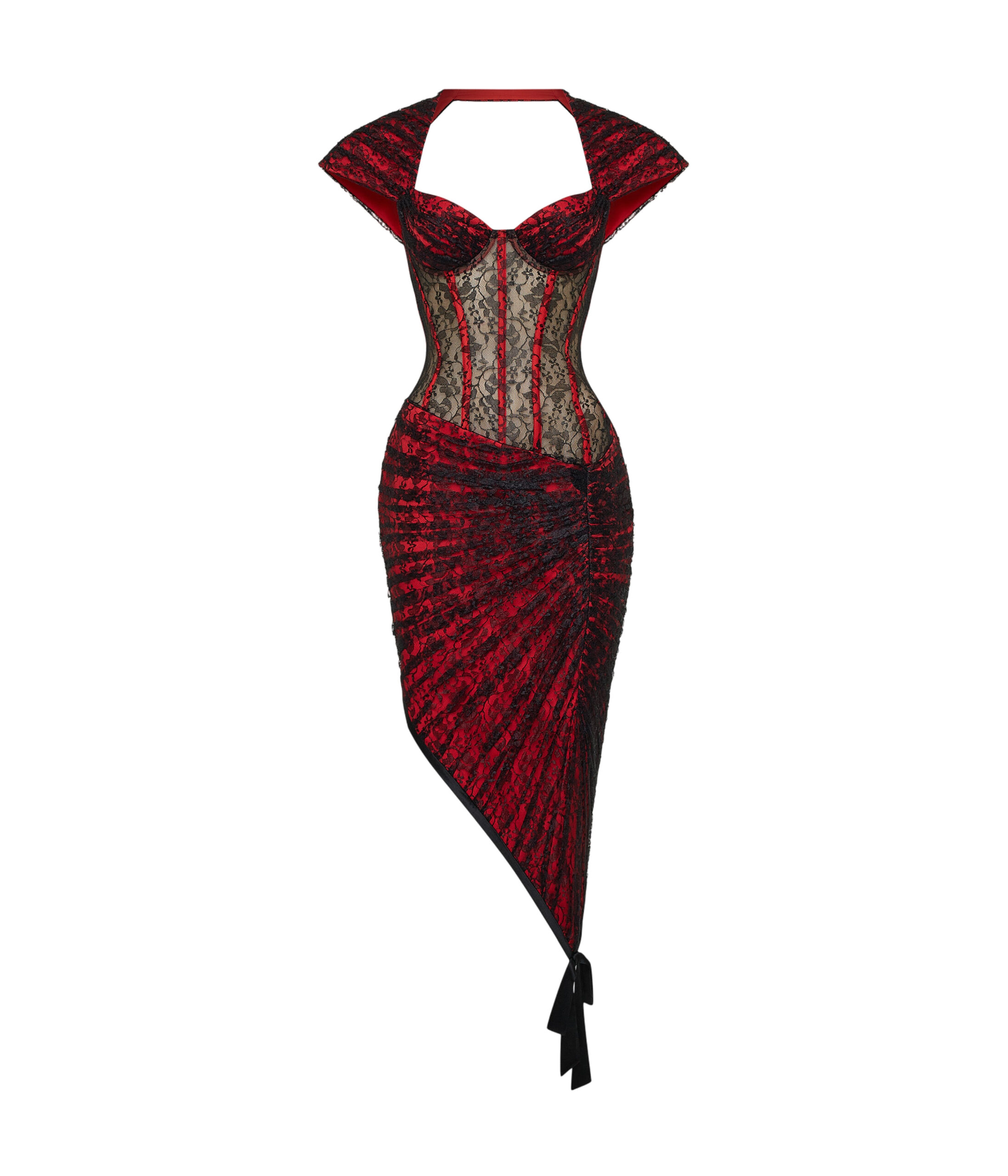 Lace Corset Midi Dress with Draped Skirt in Red
