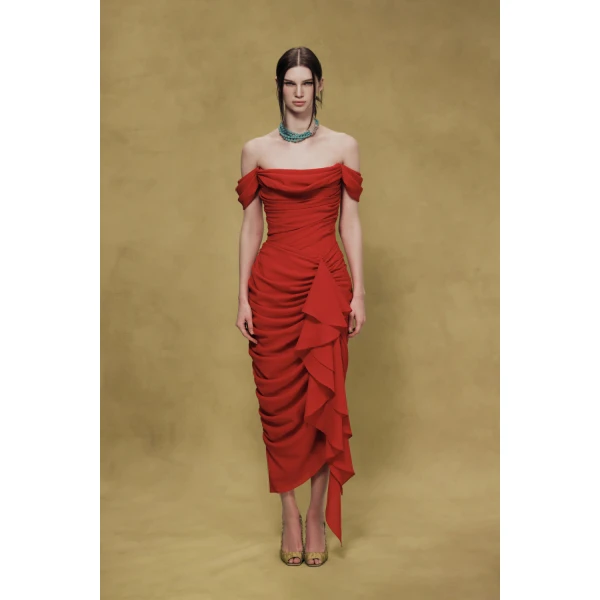 Rasario Off-Shoulder Corset Midi Dress in Red, view 3
