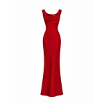 Rasario Printed Satin Draped Maxi Dress in Red