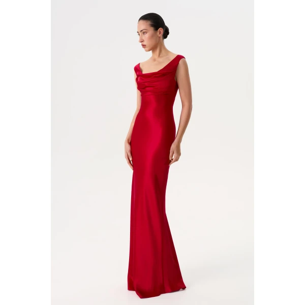 Rasario Printed Satin Draped Maxi Dress in Red, view 6