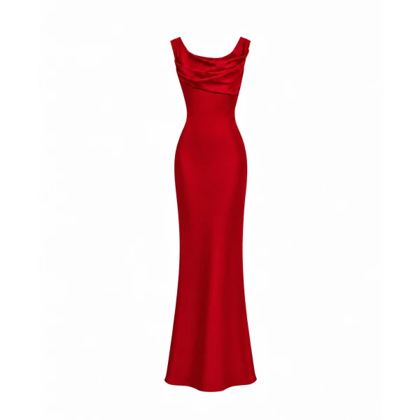 Printed Satin Draped Maxi Dress in Red