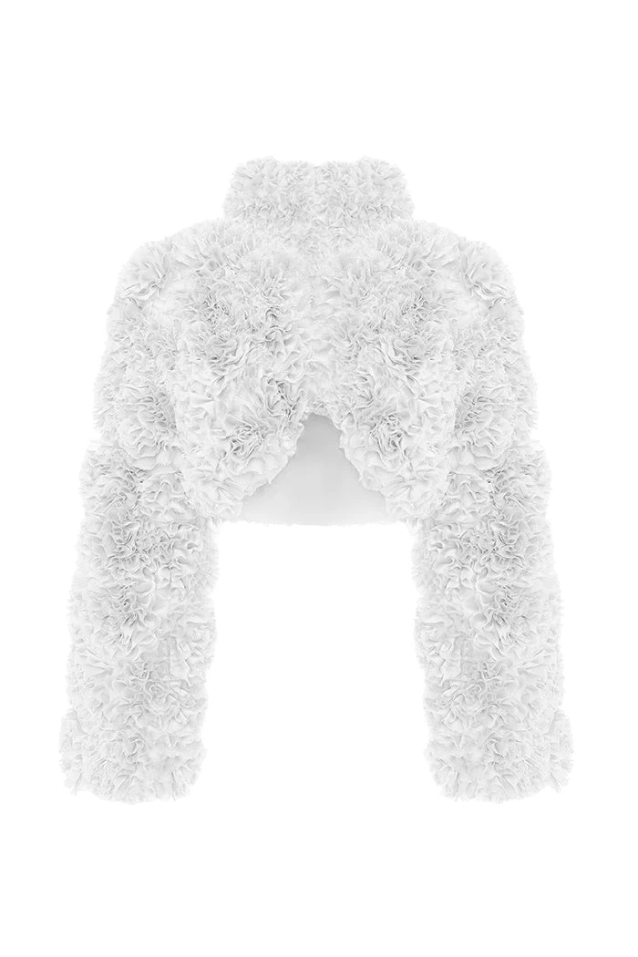 Cropped Chiffon Jacket with Ruffles in White