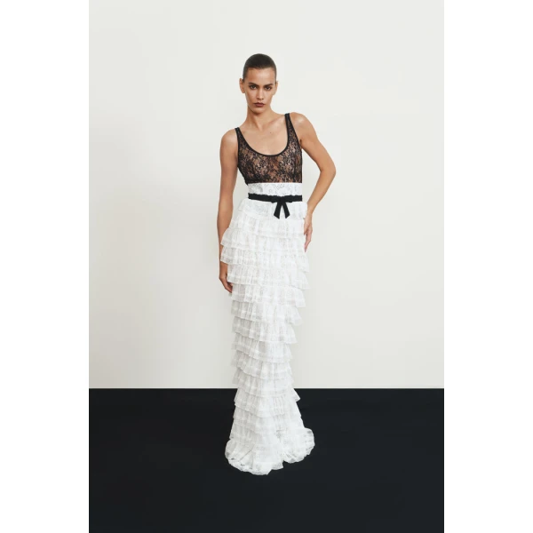 Rasario Lace Maxi Skirt in White, view 3