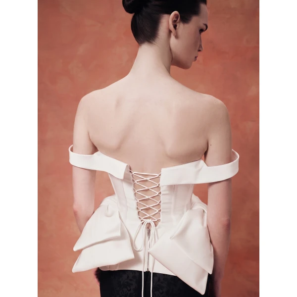 Rasario Laced Satin Corset with Panniers and Bows in White, view 3