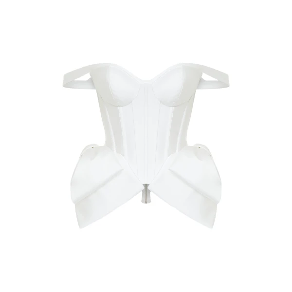 Laced Satin Corset with Panniers and Bows in White