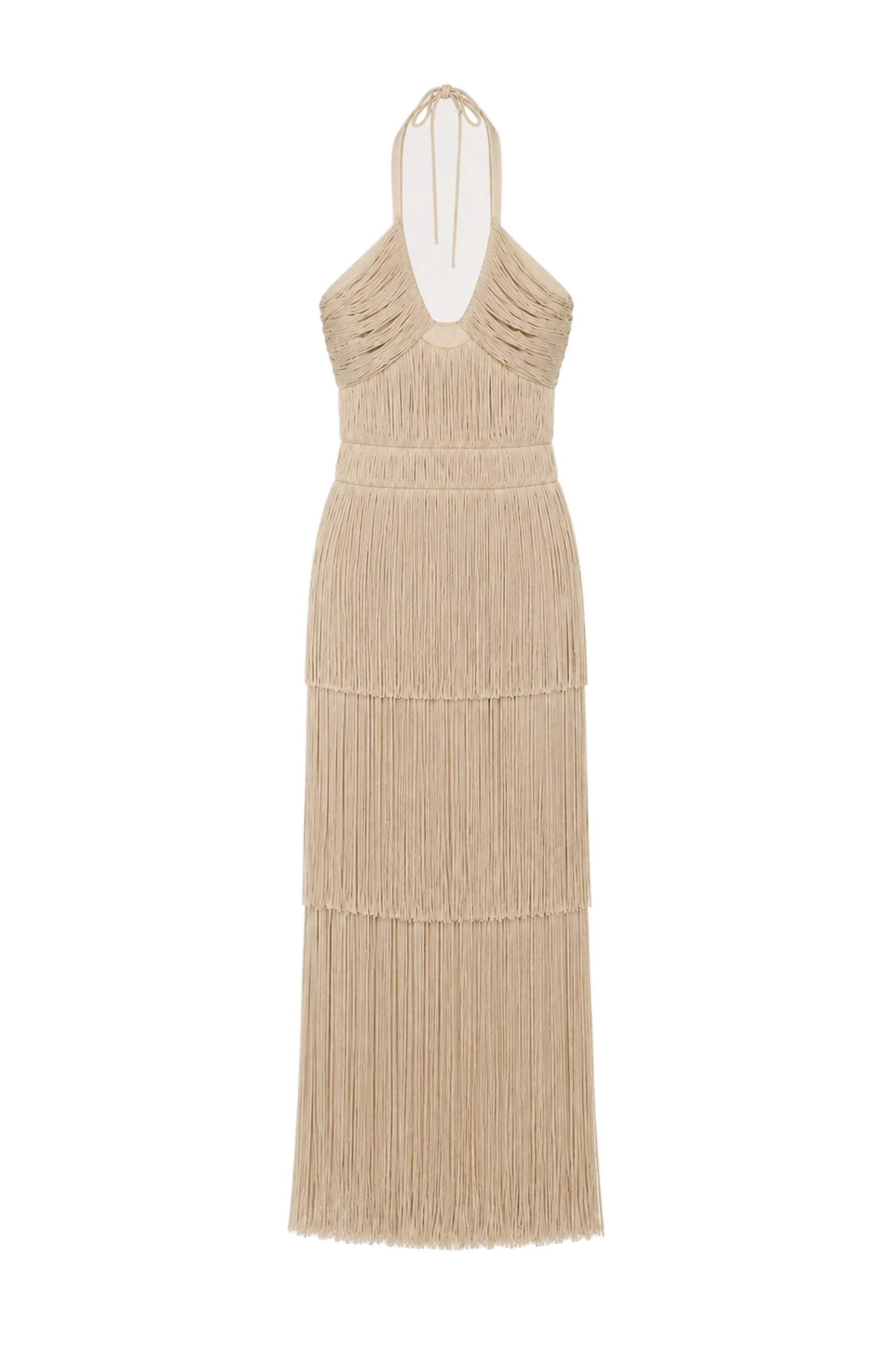 SIMKHAI Baldwin Draped Fringe Gown in Champagne SIMKHAI Baldwin Draped Fringe Gown in Champagne