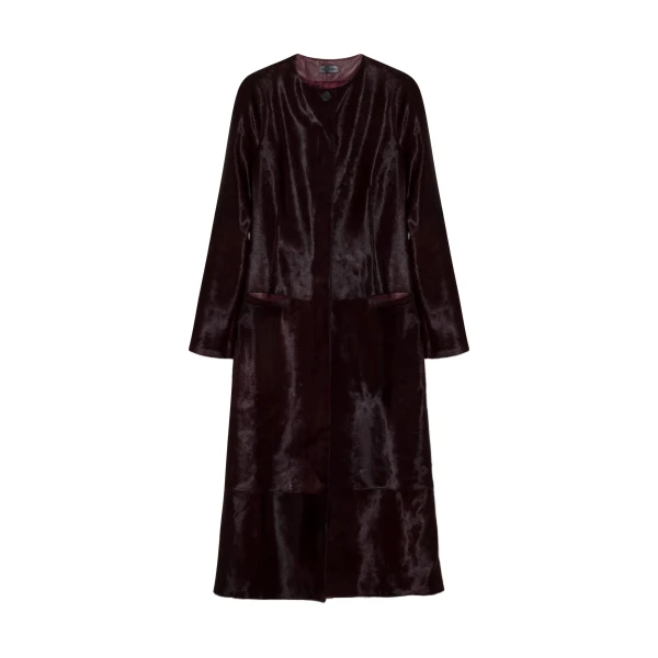 SIMKHAI Bowie Collarless Calf Hair Coat in Fig