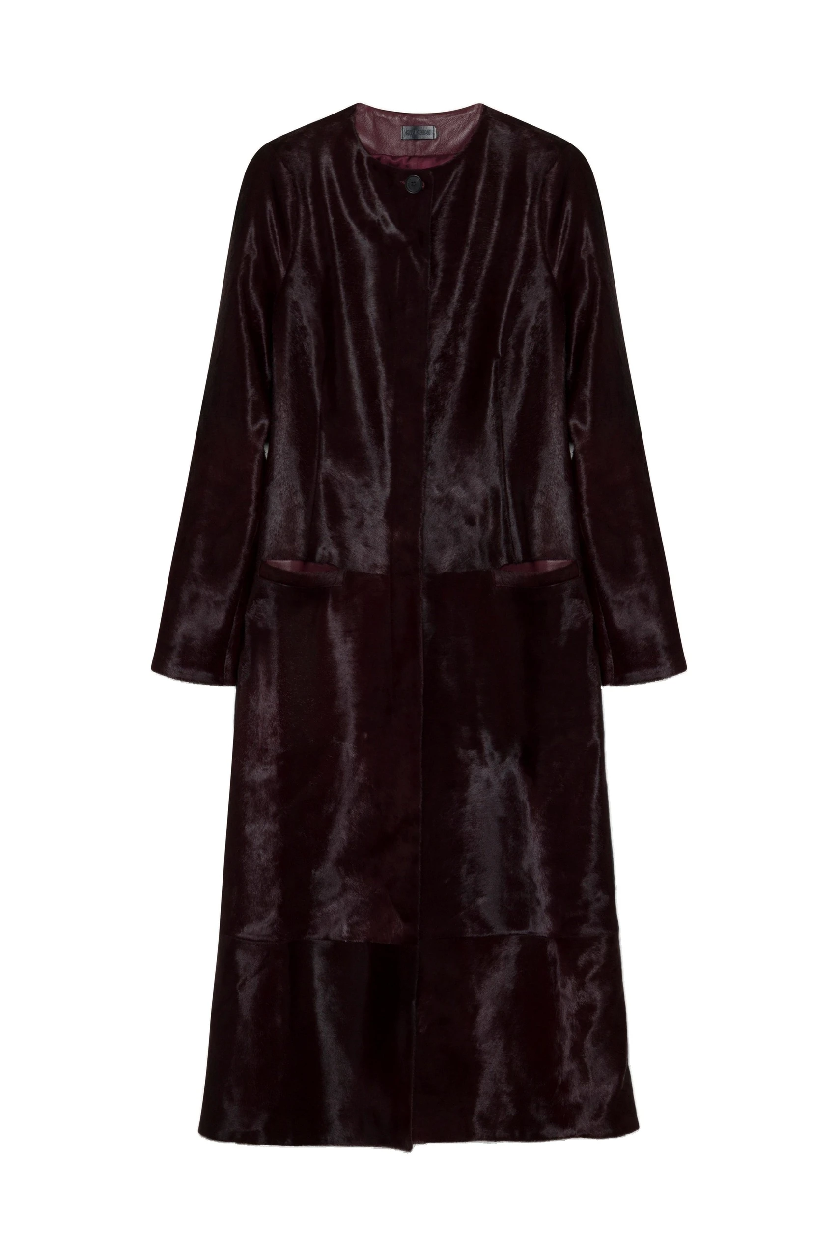 SIMKHAI Bowie Collarless Calf Hair Coat in Fig SIMKHAI Bowie Collarless Calf Hair Coat in Fig