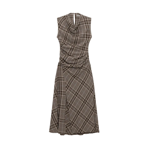 SIMKHAI Burke Draped Midi Dress in Otter Plaid