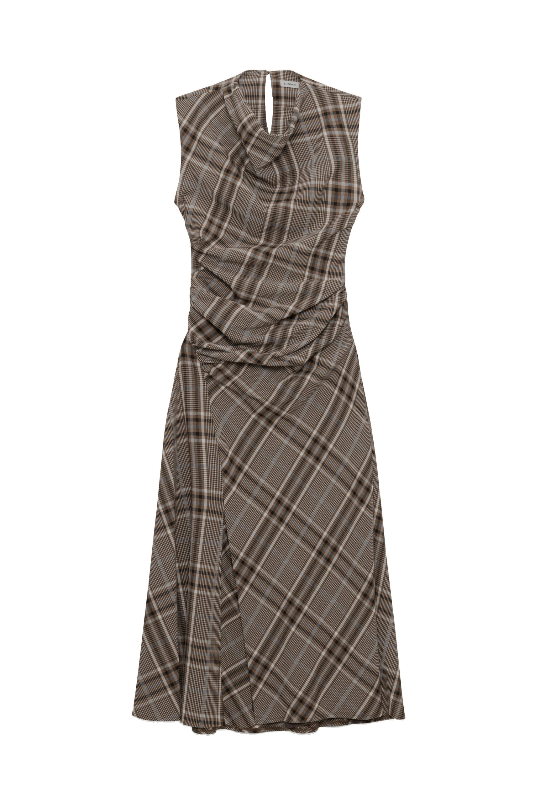 SIMKHAI Burke Draped Midi Dress in Otter Plaid SIMKHAI Burke Draped Midi Dress in Otter Plaid