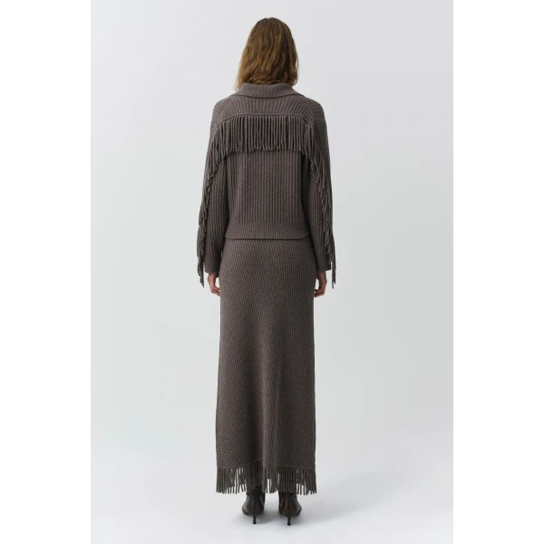 Casey Knit Fringe Midi Skirt in Mushroom Melange - Image 5