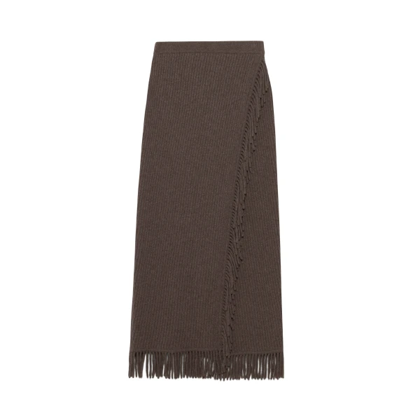 SIMKHAI Casey Knit Fringe Midi Skirt in Mushroom Melange
