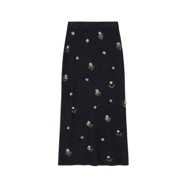 SIMKHAI Chelly Embellished Wool Cashmere Midi Skirt in Dark Charcoal