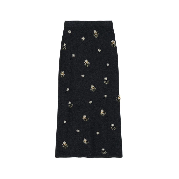 Chelly Embellished Wool Cashmere Midi Skirt in Dark Charcoal
