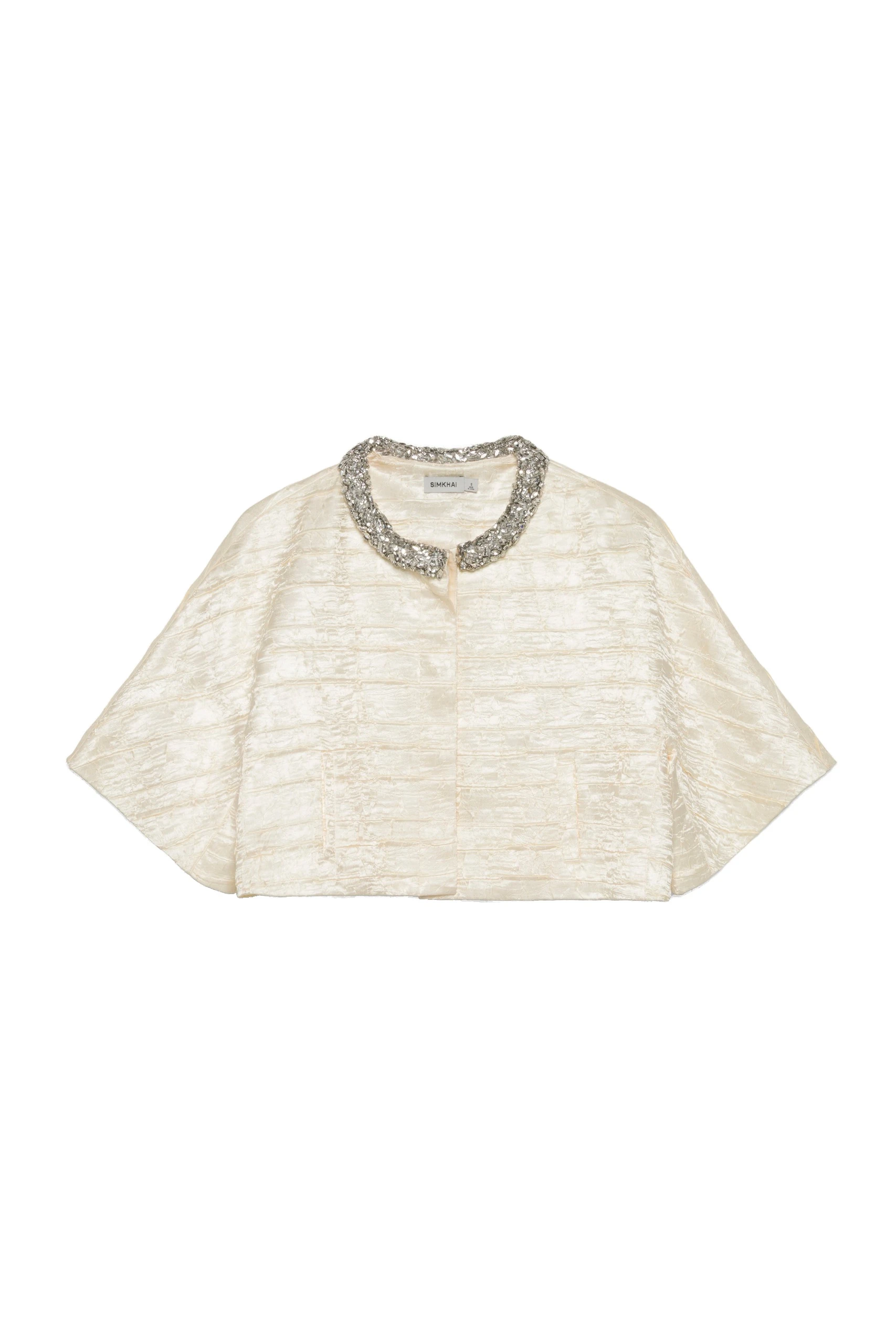 SIMKHAI Elvessa Embellished Satin Jacket in Porcelain SIMKHAI Elvessa Embellished Satin Jacket in Porcelain