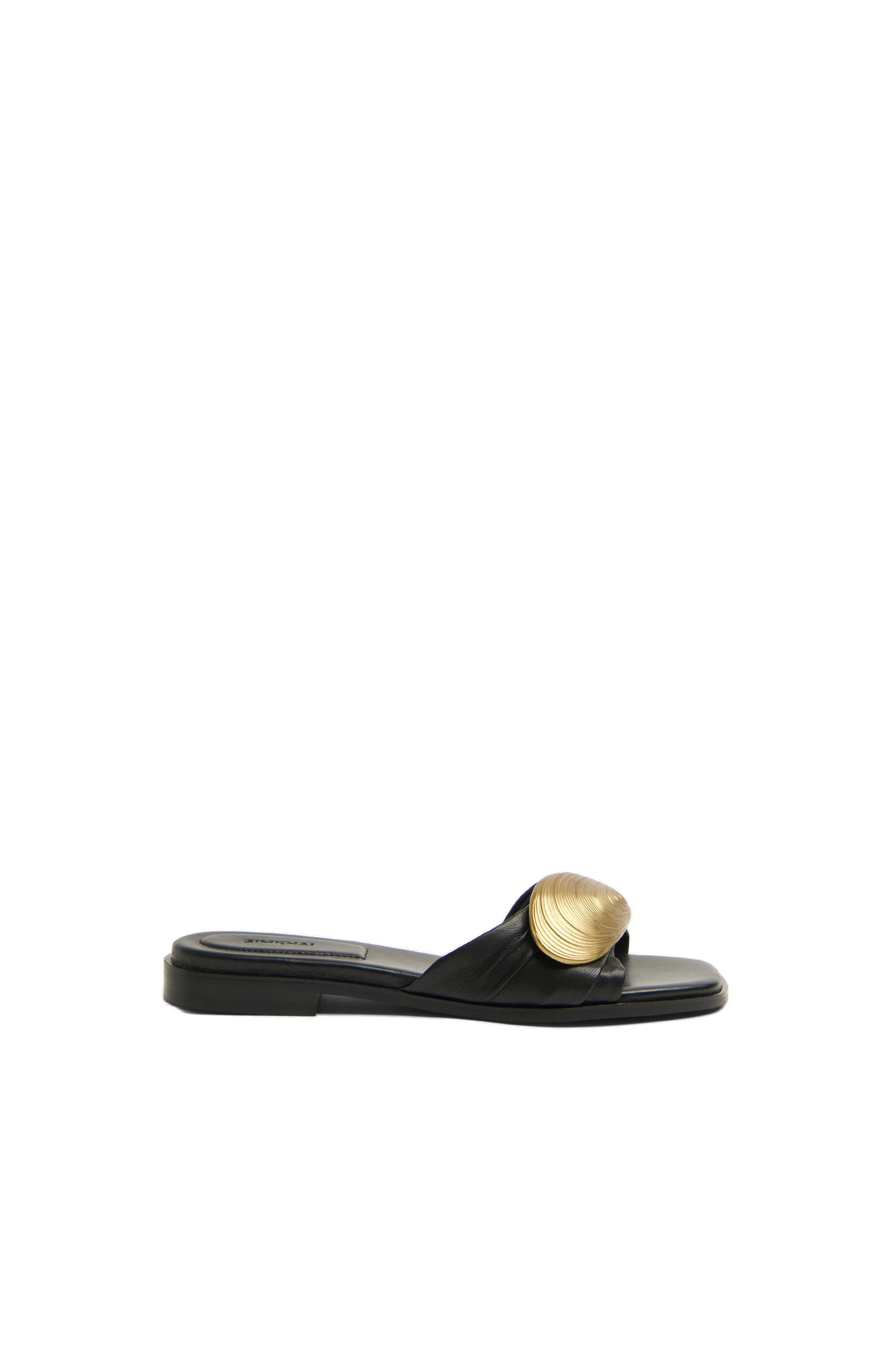 SIMKHAI Gigi Oyster Leather Flat Slide in Black Antique Gold SIMKHAI Gigi Oyster Leather Flat Slide in Black Antique Gold