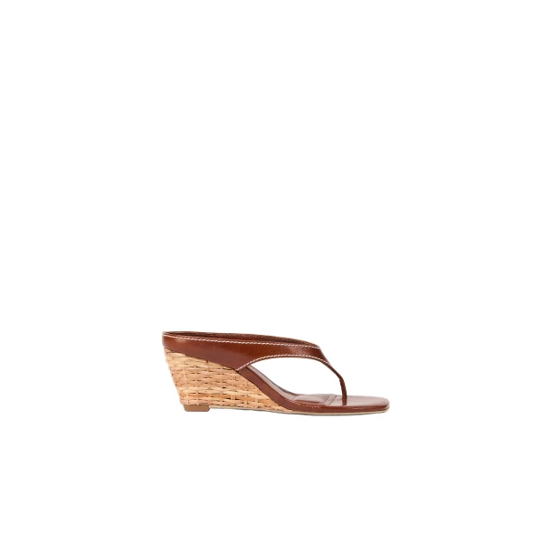 SIMKHAI Hazel Leather Thong Wedge in Saddle