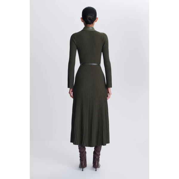 Ismelle Collared Knit Midi Dress in Dark Olive - Image 5