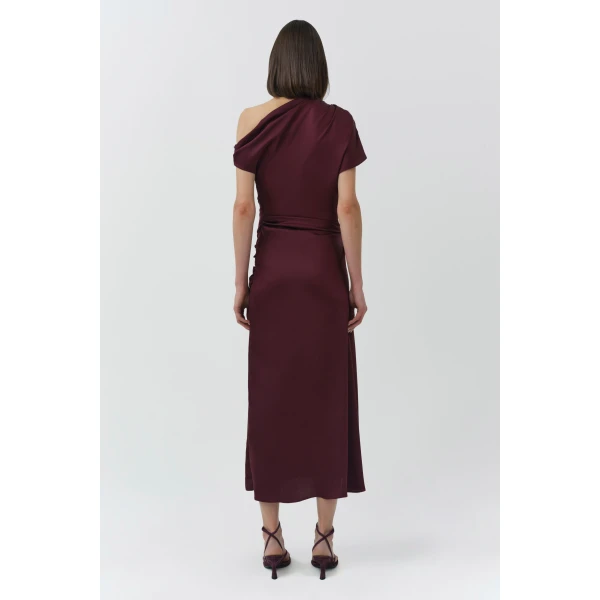 Joanna Off Shoulder Satin Midi Dress in Fig - Image 5