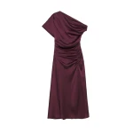 SIMKHAI Joanna Off Shoulder Satin Midi Dress in Fig