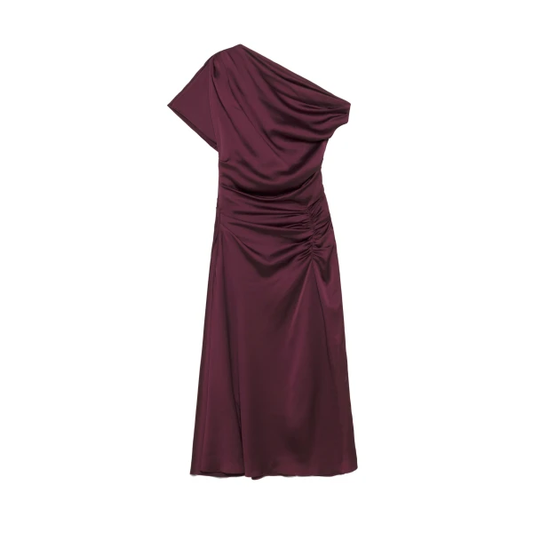Joanna Off Shoulder Satin Midi Dress in Fig