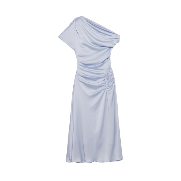 SIMKHAI Joanna Off Shoulder Satin Midi Dress in Periwinkle Sky