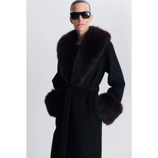 Kinsley Faux Fur Wool Coat in Black Chocolate Multi - Image 6