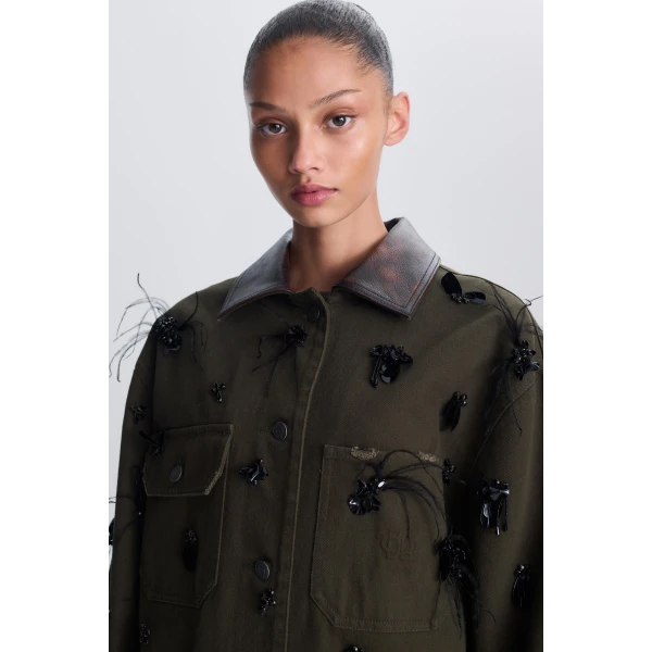 Larz Embellished Denim Jacket in Dark Olive - Image 6