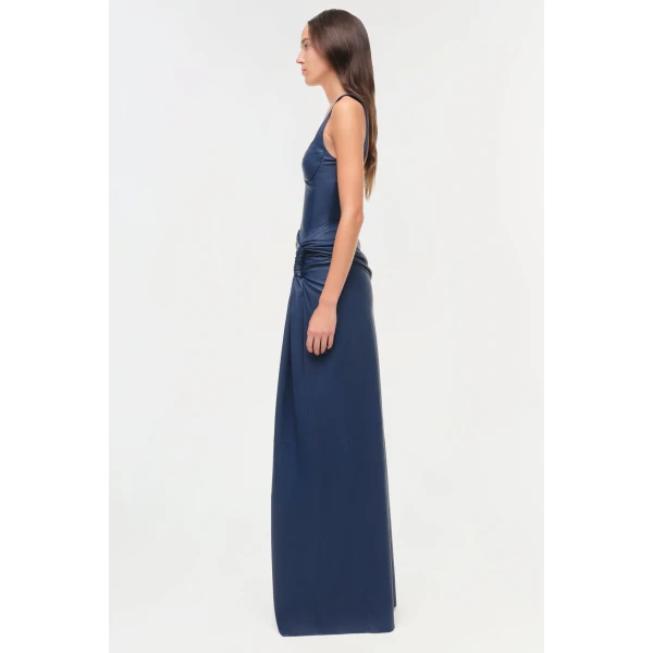 Lyle Draped Leather Dress in Dark Indigo - Image 5