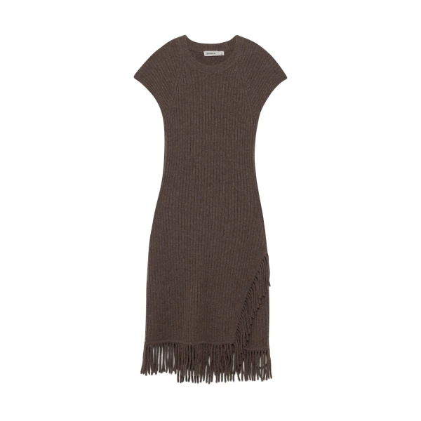 SIMKHAI Margot Knit Fringe Mini Dress in Mushroom Melange